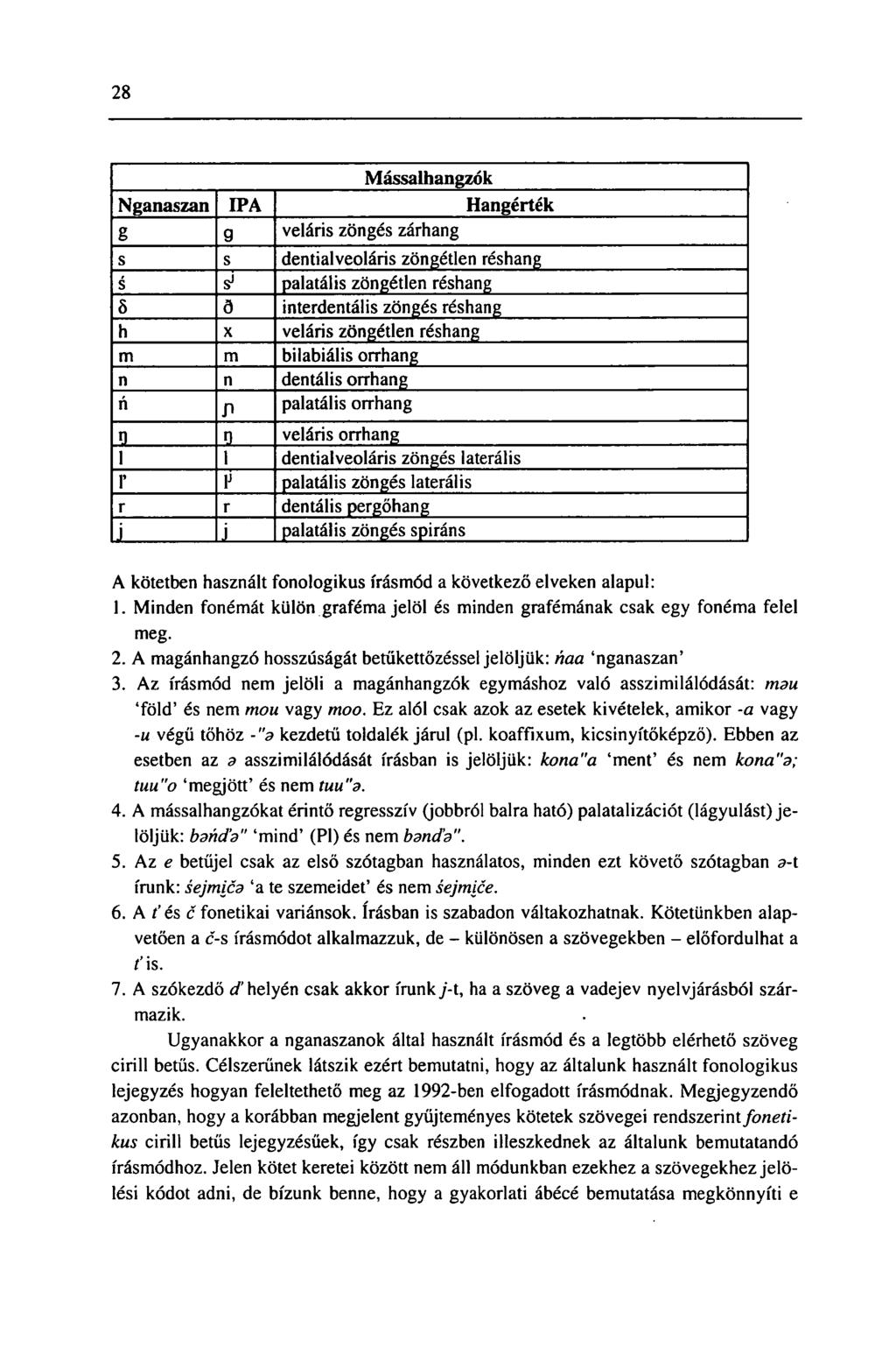 28 Mássalhangzók Nganaszan IPA Hangérték g 9 veláris zöngés zárhang s s dentialveoláris zöngétlen réshang s s 1 palatális zöngétlen réshang 8 a interdentális zöngés réshang h X veláris zöngétlen