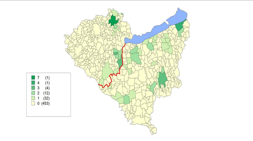 (0,02 km²). A művelt földterületek átlag körüli átlagos szóródása az eloszlásszerkezet volumenében nagy, 68,7 hektár (0,687 km²).