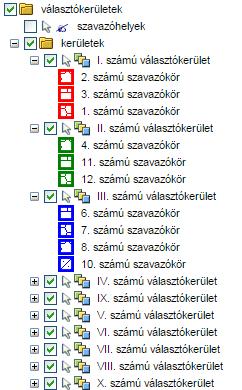 Választókerületek A választókerületek fólia bekapcsolásakor különböző színekkel jelennek meg az egyes