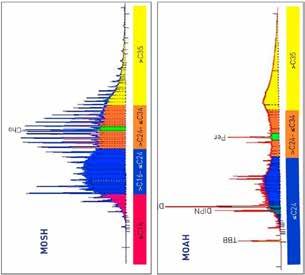 15. ábra. SPME/GC-FID BFR/KLZH módszer MOSH és MOAH frakciók elválasztására 5 A lángionizációs gázkromatográfiás (GC-FID) kromatogramok tipikus lefutását a MOSH és MOAH frakciókra a 16.