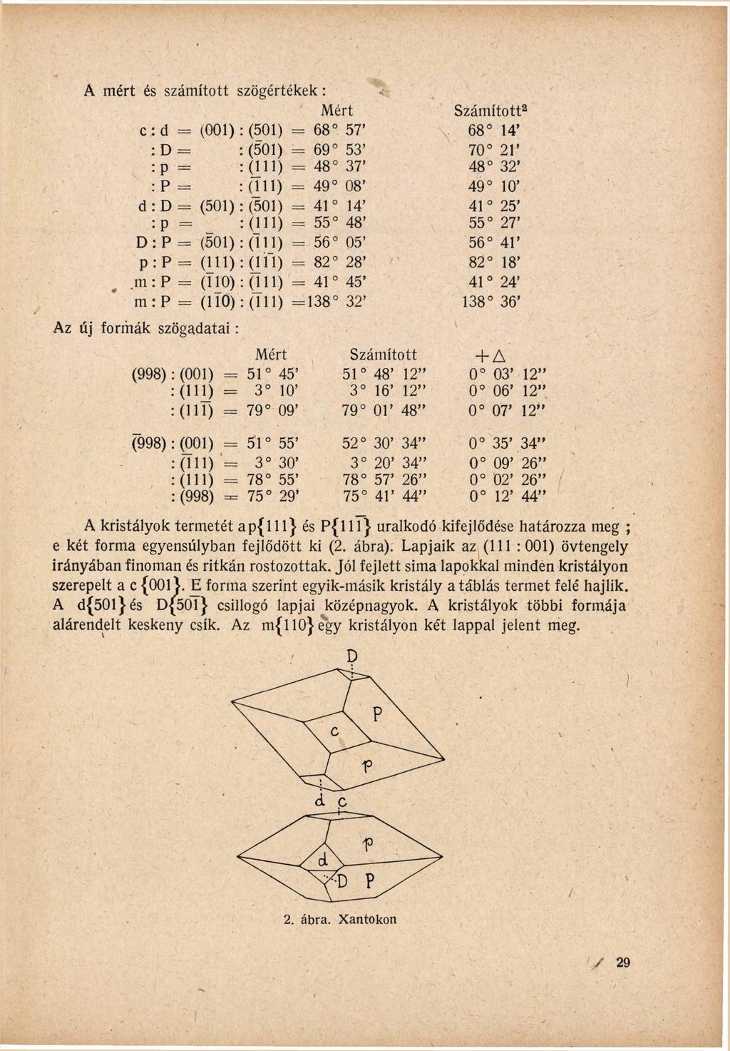 A m é r t és s z á m í t o t t szögértékek : Mért c : d = (001) (501) = 6 8 57' (501) = 6 9 53' D = (111) = 4 8 37' P = (111) = 4 9 08' P = d : D = (501) (501) = 4 1 14' (111) = 5 5 48' p D : P =