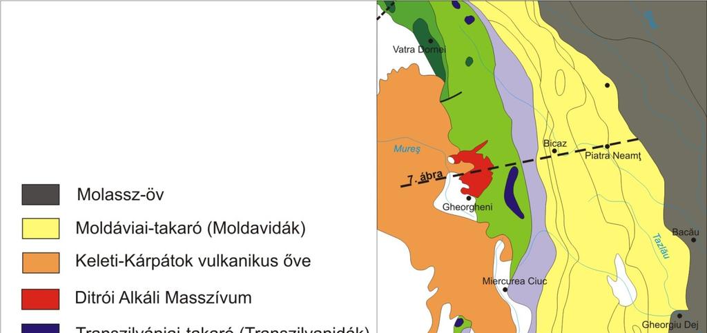 3. A Ditró Alkáli Masszívum földtani környezete A Ditró Alkáli Masszívum a Keleti-Kárpátok kristályos-mezozoos övének déli részén, a Kelemen-Görgény-Hargita neogén-kvarter mészalkáli övtől keletre, a