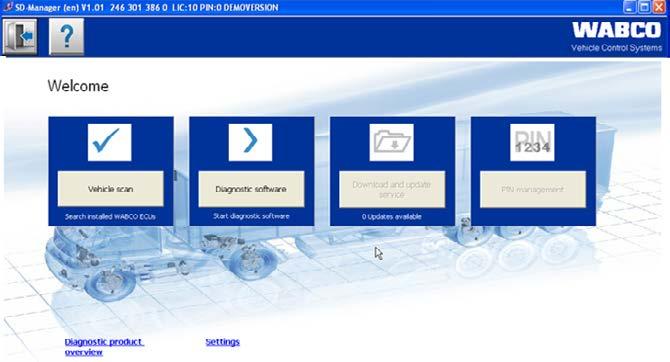 WABCO rendszerdiagnosztika 4.1.4 Rendszerdiagnosztikai (SD) Manager Az SD Manager programmal egyszerűen beléphet a diagnosztikába.