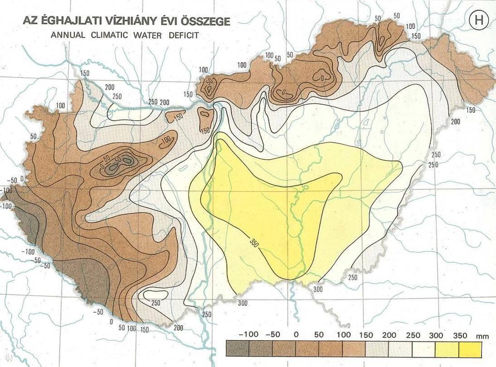 1 7. ábra: Az éghajlati vízhiány területi eloszlása Forrás: Nemzeti Éghajlati Atlasz, 1998 Tisza: A tervezési alegység a Tisza 335,62 fkm-tıl (Szolnoktól lefelé) Tiszaugig tart, a 267,6 fkm-ig.