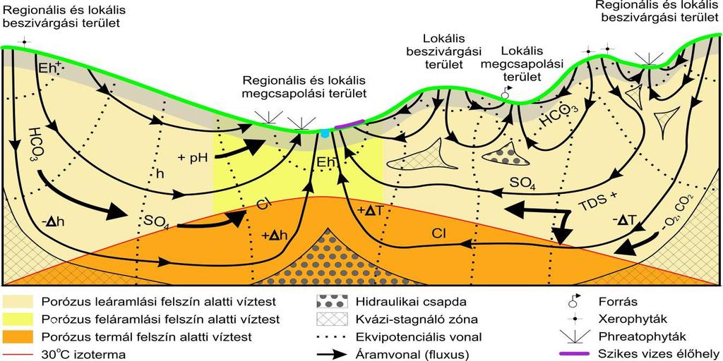 1 11. ábra: A porózus víztestek elvi modellje Forrás: Tóth József ábrája nyomán A leáramlási és feláramlási területek közötti átmeneti területeket az egyszerősítés érdekében elhanyagolják.