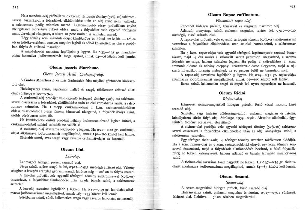 253 Ha a mandula-olaj próbáját vele egyenlő térfogatú tömény (50%-os) salétromsavval összerázod, a folyadékok elkülönödése után az olaj színe nem változik, a salétromsav pedig színtelen marad.