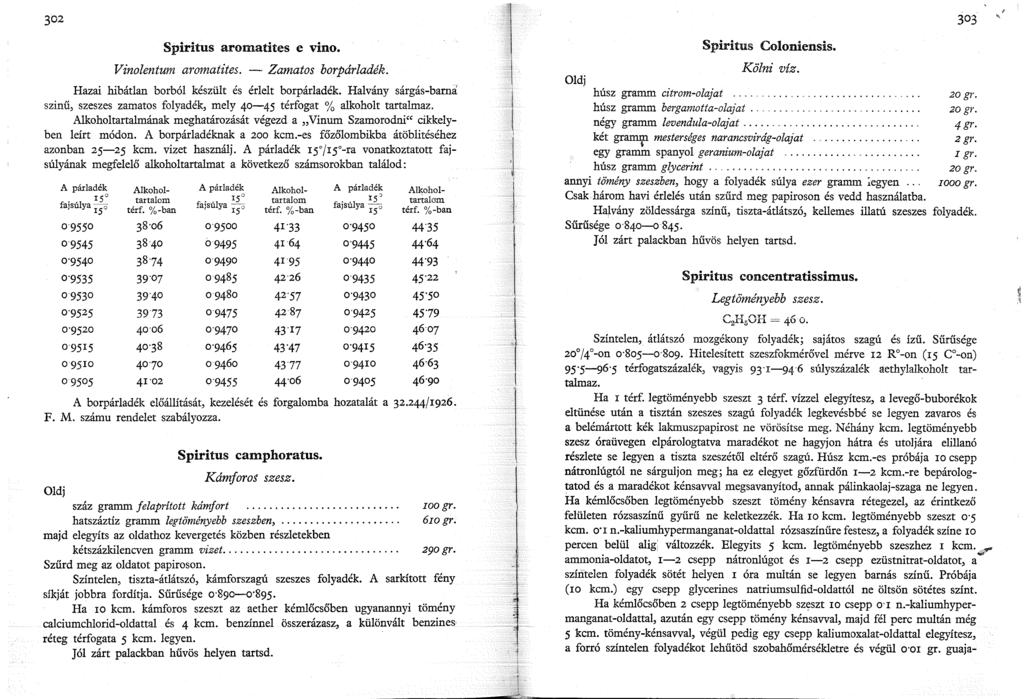 302 Spiritus aromatites e vino. Vinolentum aromatites. - Zamatos borpárladék. Hazai hibátlan borból készült és érlelt borpárladék.