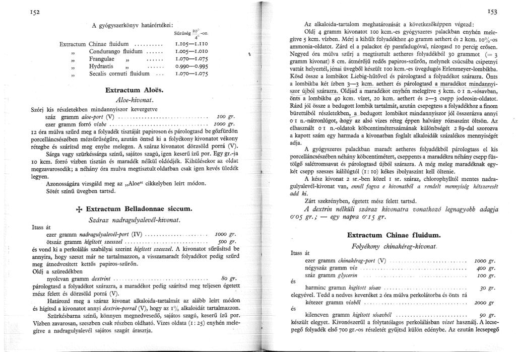 53 A gyógyszerkönyv határértékei: Extractum Chinae fluidum.... Condurango fluidum Frangulae H ydrastis Secalis cornuti fluidum " Extractum Aloes. Aloe-kivonat. _ S uruseg " " ' ---- 20'~ -on 40 I.