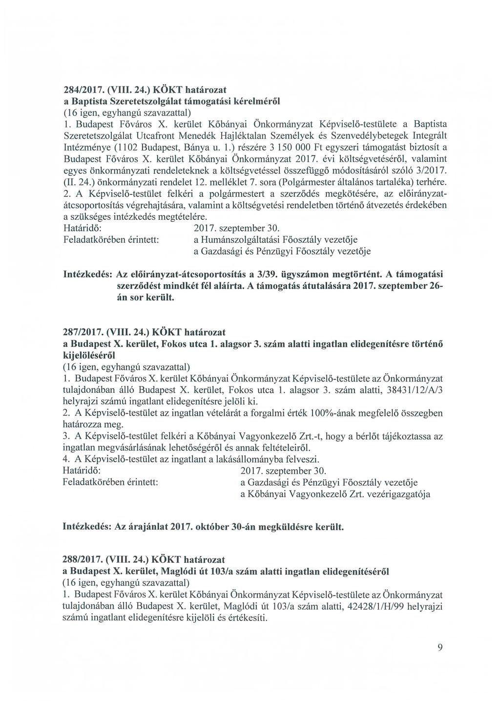 284/2017. (VIII. 24.) KÖKT határozat a Baptista Szeretetszolgálat támogatási kérelméről 1. Budapest Főváros X.