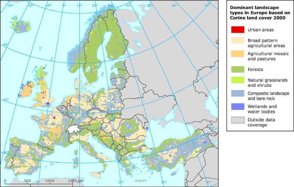 4. ábra Európa CORINE űrfelvételeken alapuló tájtípus térképe (Wascher D,M, et al 2000, EEA-ETC Terrestrial Environment 2002) 2.2.1.3.