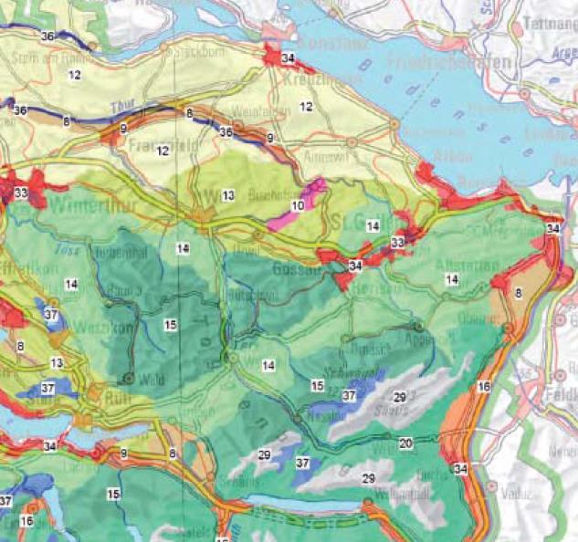 59. ábra Svájc tájtípusainak áttekintő és részlet térképe, a jelmagyarázattal (National Atlas der Schweiz 2016) A típusképzés logikáját jól összegzi az