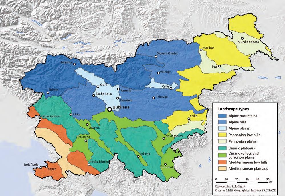 65. ábra Szlovénia tájtípus térképe (Ciglic, R. Perko, D. 2012). (Megjegyezzük, hogy az Alpine plains szóhasználat rendkívül szokatlan, talány, hogy erre miért nem volt megfelelő pl.