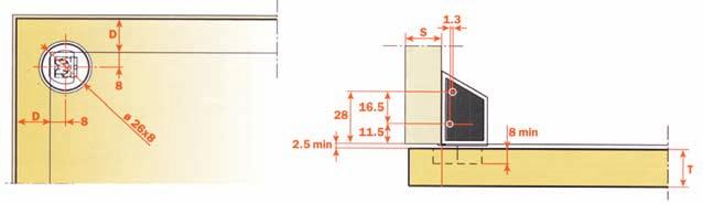 Javasolt pántalátét mérete: H= 0 mm, ha K=3-5 mm és D=18 mm 0000201550 A K Nyílásszög: 110 Push-open beakasztó Push-open