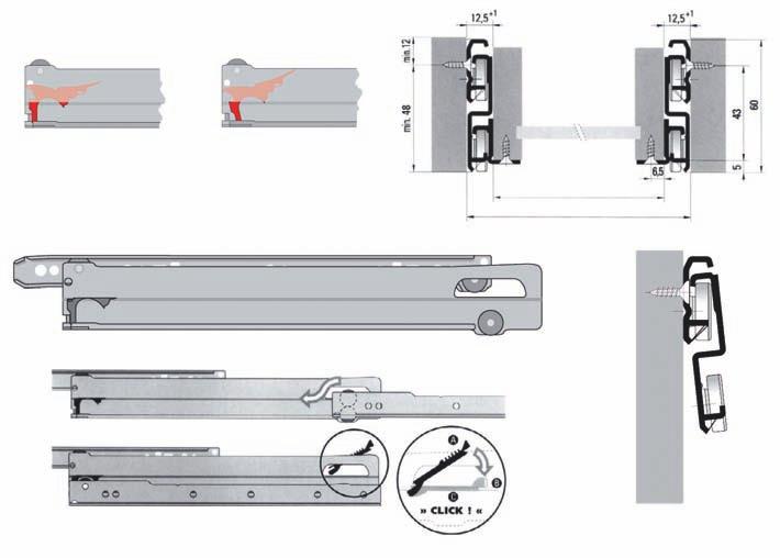 .68 Fiókcsúszók, fém fiókoldalak Az összeszerelés folyamata: helyes pozíció helytelen pozíció Fiókkáva szélesség=kbm-25mm Korpusz belméret (KBM) nal 5300 Teljesen kihúzható fiókcsúszó szín: krémfehér