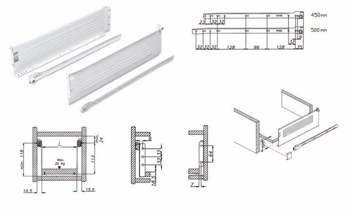 .0 Fém fiókoldalak hátlap Fiókfenék szélessége (L)= korpusz belméret - 32 mm előlap nart 2000 Fém fiókoldal excenteresen állítható fém klippel szín: krémfehér (RAL9001) fiókoldal magasság: 86 mm