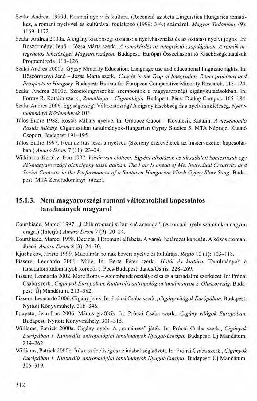 Szalai Andrea. 1999d. Romani nyelv és kultúra. (Recenzió az Acta Linguistica Hungarica ternatikus, a romani nyelvvel és kultúrával foglakozó (1999: 3-4.) számáról. Magyar Tudomány (9): 1169-1172.