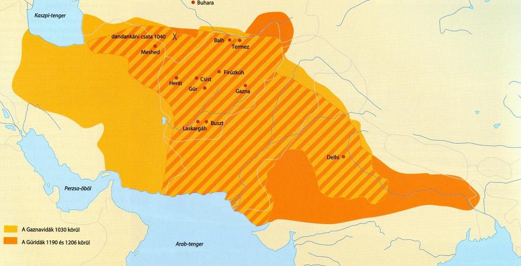 A GAZNAVIDÁK (977-1186) ÉS A GÚRIDÁK (1000-1215) Gaznavidák (977-1186): közép-ázsiai eredetű török dinasztia, alapítója Alptidzsín, ill veje Szubuktidzsín (Szebüktegin, 976-997), egy a Számánidák