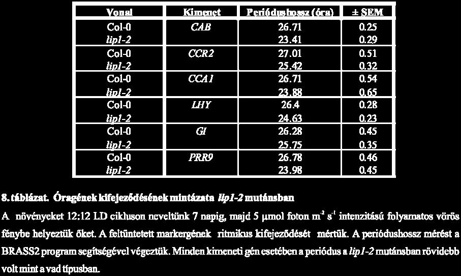 Korábbi vizsgálatokból már ismert volt, hogy a LIP1 hiányában rövid periódus figyelhető meg a reggel kifejeződő CAB2 (CHLOROPHYLL A/B-BINDING 2) és az este kifejeződő CCR2 (COLD- AND CIRCADIAN