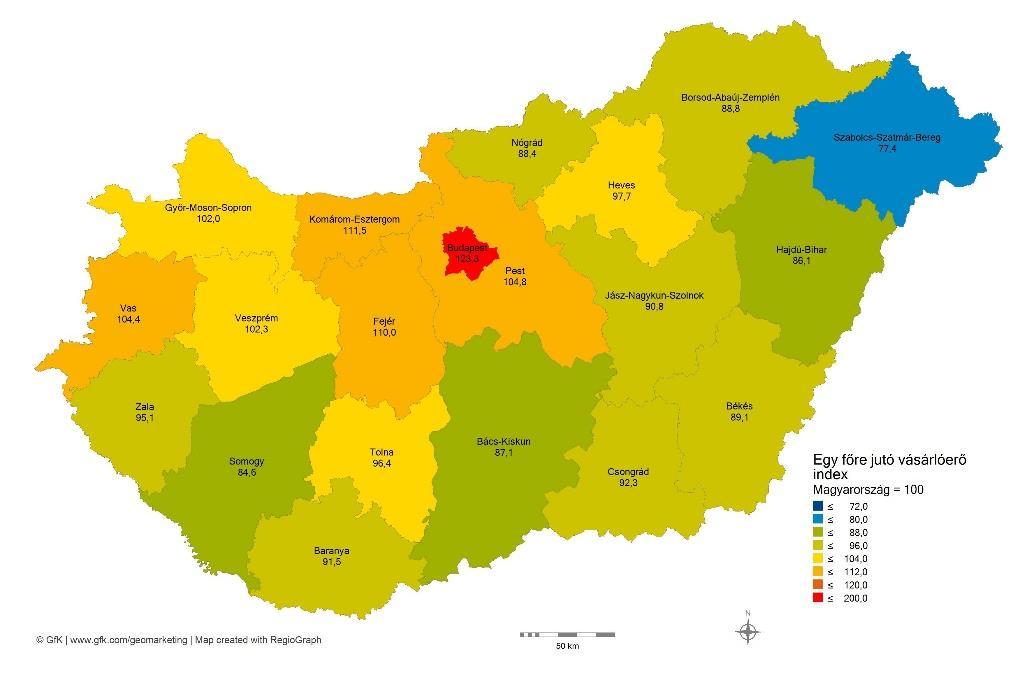 Az egy főre jutó vásárlóerő-index alakulása Magyarország egyes megyéiben A legszegényebb régió 2017-ben is a román és ukrán határ mentén fekvő Szabolcs-Szatmár-Bereg megye.