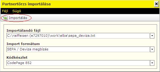 Válassza ki a legördülő menüből Import formátumnak az SEPA / Deviza megbízás,