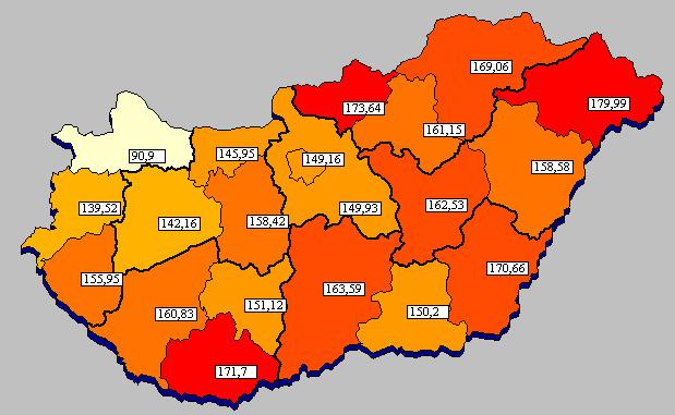 A kórházi ellátás havi teljesítménye 10 ezer lakosra jutó teljes HBCs esetek területi megoszlása a