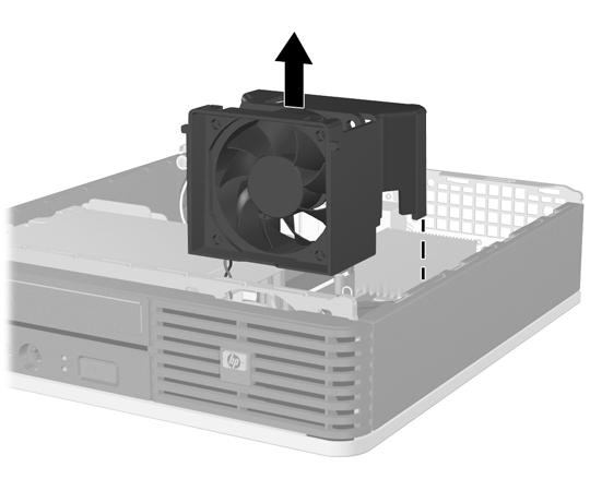 7. Emelje fel a ventilátort, és helyezze az optikai meghajtó tetejére így hozzáférhet az előlapon található