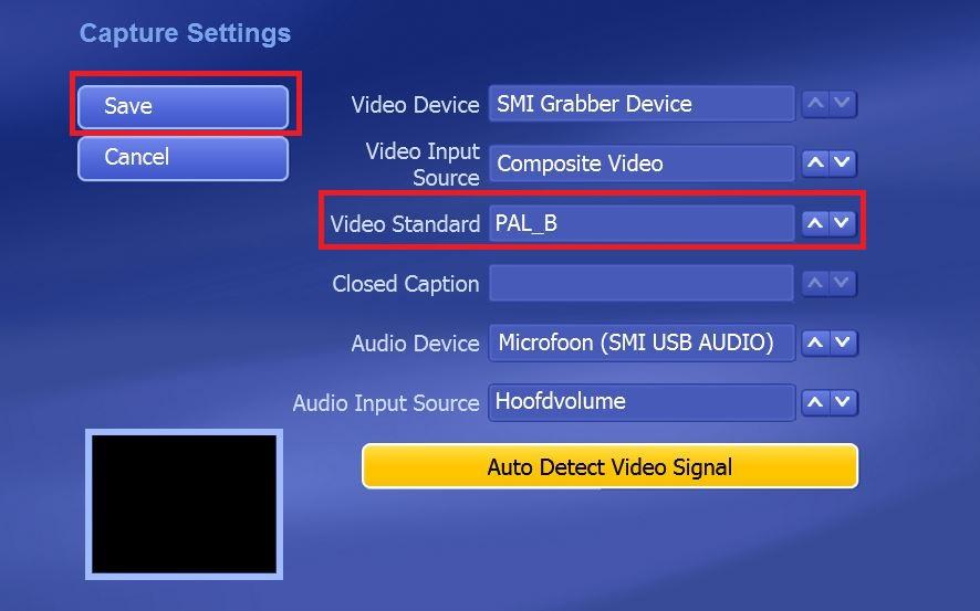 8. Kattintson a Capture 6 MAGYAR 9. Figyeljen, hogy Settings Video Standard régió választásra. Európa számára válassza a 'PAL' (B vagy G) -t. 10. Kattintson a Save 11.