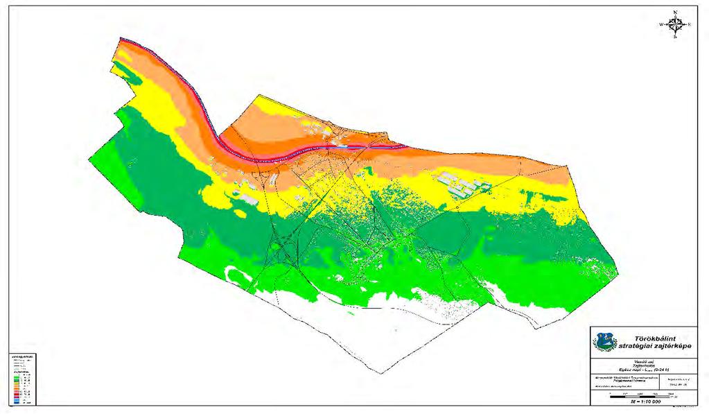 KÖR3. ábra: Törökbálint stratégiai zajtérképe közúti közlekedés - Lden Forrás: Enviroplus Kft., 2014.