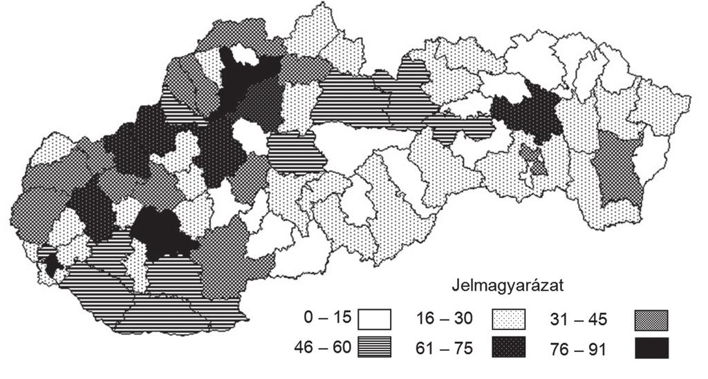 Üzemsűrűség járási szinten (2011) Forrás: Ročenka priemyslu (2012) alapján Horbulák Zsolt szerkesztése Az iparosodás fenti mutatója alapján jól elhatárolható egymástól nyugat és kelet, illetve észak