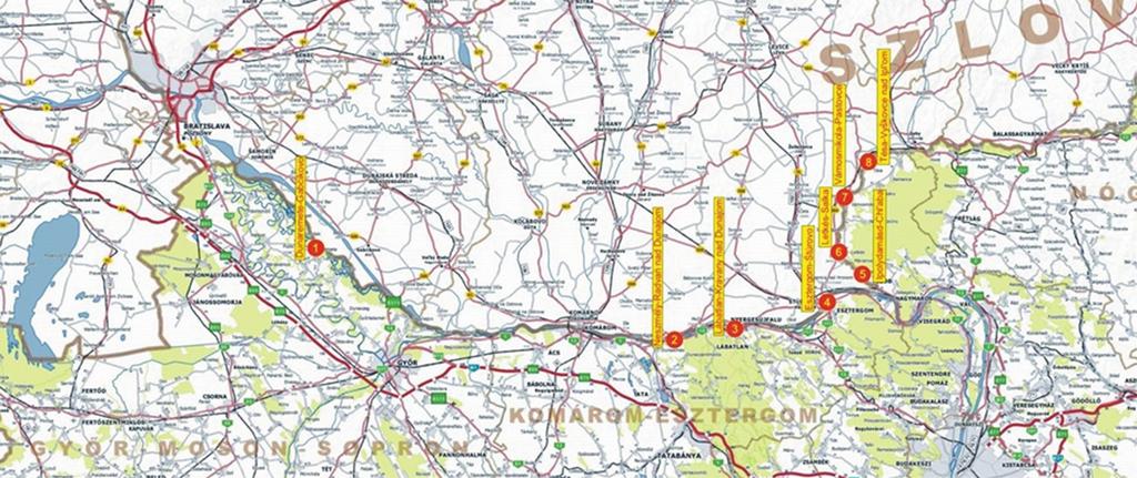 Kiemelt közúti kapcsolatok az országhatár nyugati részén Forrás: Internet Kiemelt közúti kapcsolatok az országhatár keleti részén Forrás: Internet Kiemelt beruházásként tekinthetünk a Duna-hidakra,