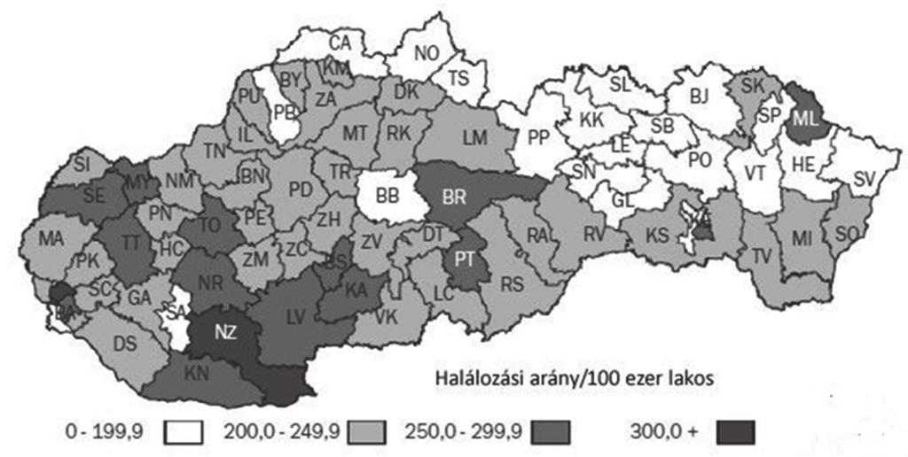 II.6.7. Egészségügy A lakosság egészségügyi helyzete A Szlovákia déli járásaiban élők egészségi állapotát jól szemlélteti az alábbi két térkép.