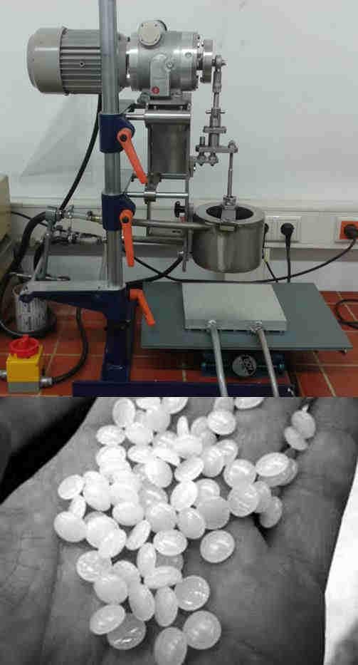 1. ábra Paracetamol tartalmú pasztilla előállítása in situ coating eljárással Napjaink egyik gyógyszeripari problémája, hogy miként lehet enzimeket és más fehérjéket szilárd gyógyszerformákba