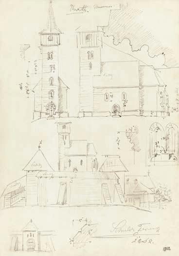 HUSZT (ХУСТ), REFORMÁTUS TEMPLOM 6. A templom déli és nyugati homlokzata (Schulcz Ferenc, 1864) mezhetôk az is bizonytalan, hogy pálca- vagy körtetagozatról van-e szó.