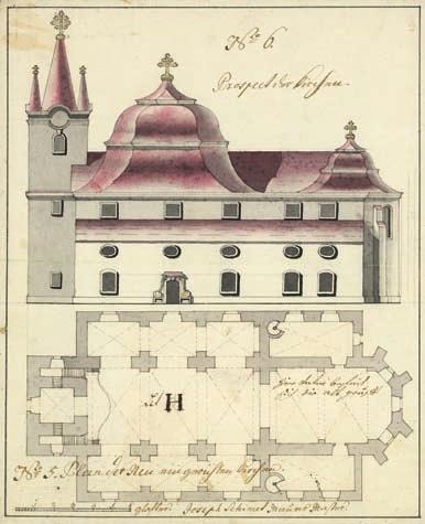 UNGVÁR (УЖГОРОД), VÁRTEMPLOM 27. A vártemplom újjáépítési terve, alaprajza és déli homlokzata (Joseph Simmeth, 1772) ságig állt.