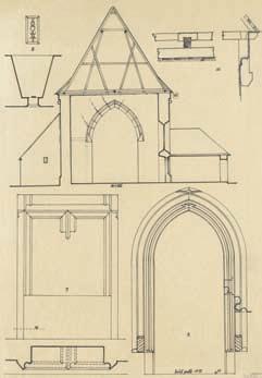 A MÛEMLÉKEK ORSZÁGOS BIZOTTSÁGA ÉS AZ AKLI, FEKETARDÓI ÉS SZÔLÔSGYULAI TEMPLOMOK 9. Szôlôsgyula, református templom. Keresztmetszet és nyíláskeretek rajzai (Várnai Dezsô, 1940) felé.