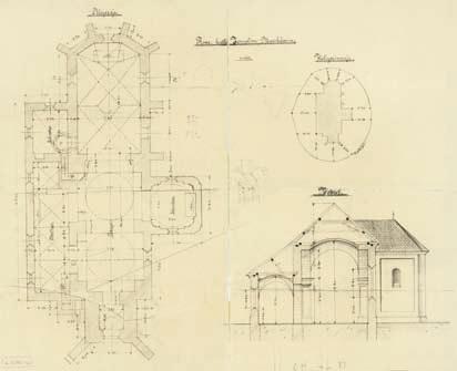 MUNKÁCS (МУКАЧЕВЕ), SZENT MÁRTON-PLÉBÁNIATEMPLOM 5. Az egykori plébániatemplom alaprajza és keresztmetszete 6. Az egykori plébániatemplom délrôl, bontás közben sarkokkal.