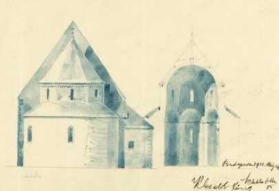 GERÉNY (ГОРЯНИ), GÖRÖGKATOLIKUS TEMPLOM 5. Külsô keletrôl és keresztmetszet (Sztehlo Ottó, 1912) kánya az északi és déli oldalon ugyan teljesen leromlott, de a keletin megvolt.