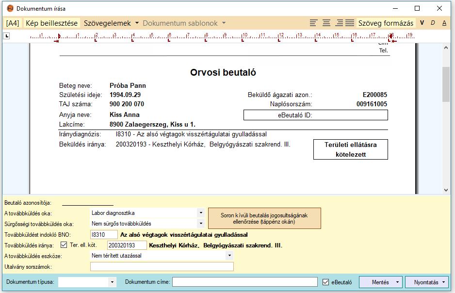 6. ebeutaló beküldése Opcionálisan lehetőség van a beutalók elektronikus úton történő beküldésére (ebeutaló).
