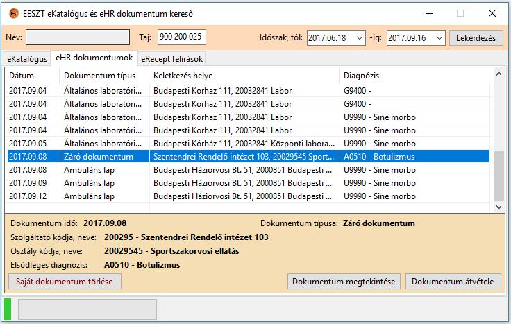 A lista az EESZT-ben elérhető dokumentumokat tartalmazza amelyek vagy pdf formátumú dokumentumok vagy struktúrált XML fájlokban tárolt leletet (egyenlőre csak a laborlelet ilyen).