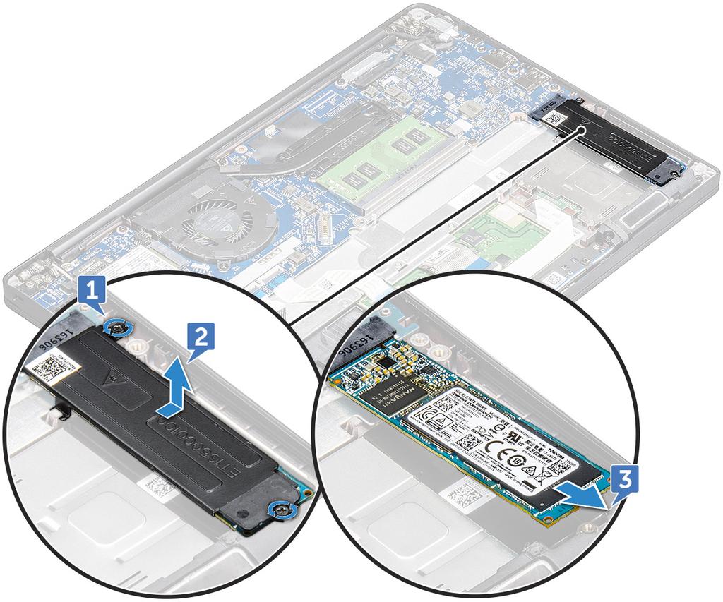 A PCIe SSD-kártya beszerelése 1 Helyezze be a PCIe SSD-kártyát a foglalatába. 2 Helyezze rá az SSD-keretet a PCIe SSD-kártyára.