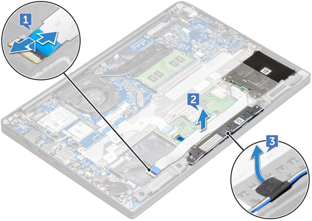 a Húzza ki a SmartCard kártya kábelét [1]. b Az érintőpanel gombjaihoz tartozó panel kábelének felfedéséhez emelje ki a SmartCard kábelét, amely a számítógéphez van rögzítve [2].