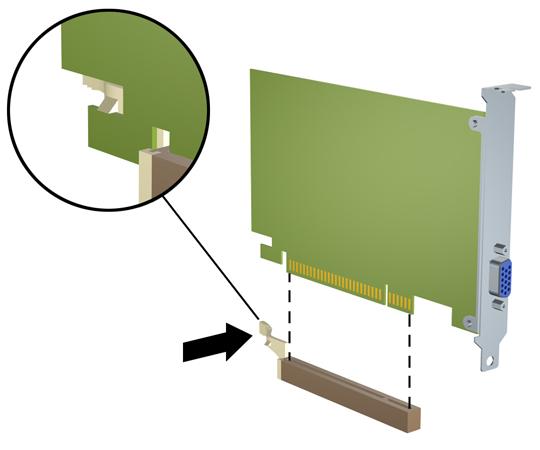 c. PCI Express x16 kártya eltávolításakor húzza el a bővítőhely hátoldalán található rögzítőkart a kártyától, és óvatosan, felváltva mozgassa ki a bővítőhelyből a csatlakozókat.