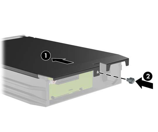 Csúsztassa vissza a tároló tetejét (1), és a tároló hátuljából eltávolított csavar visszacsavarásával rögzítse a helyére a fedelet (2).