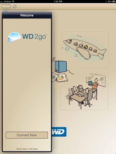 A TÁVOLI ELÉRÉSE A WD 2go mobilalkalmazás telepítése 1. A WD 2go alkalmazást töltse le az Apple App Store vagy az Android Market szolgáltatásról, és telepítse a mobileszközön. 2. A WD 2go alkalmazást elindítva jelenítse meg az üdvözlő képernyőt.