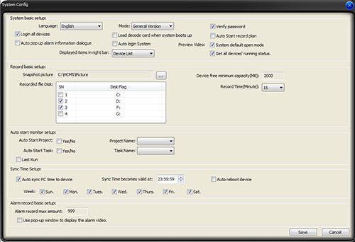 található : System basic setup, Record basic setup, Auto start monitor