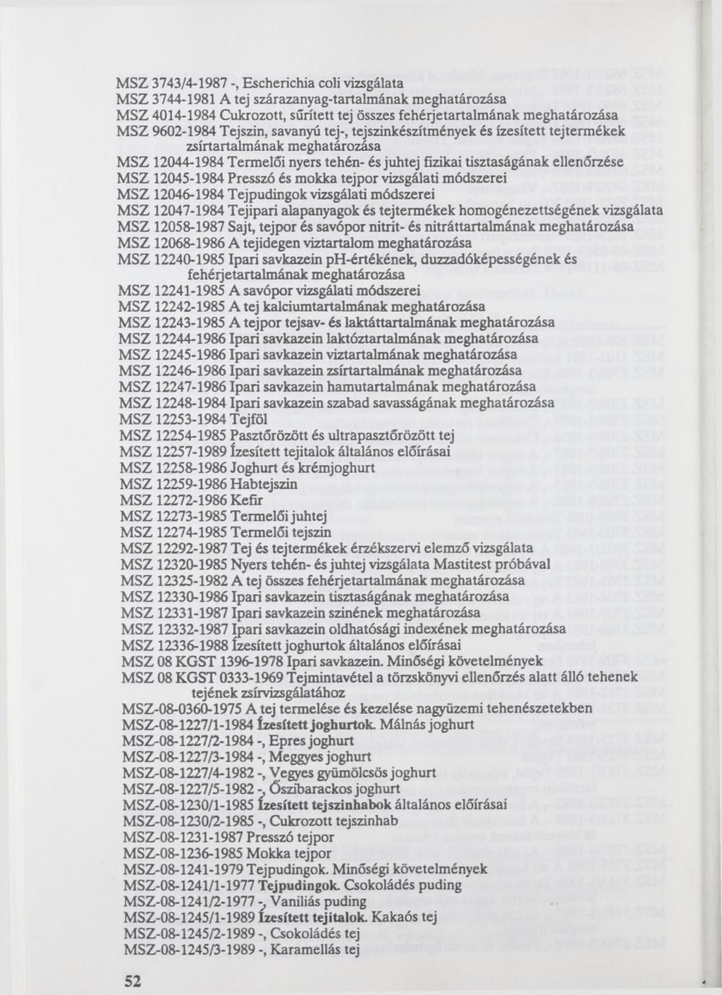 MSZ 3743/4-1987 Escherichia coli vizsgálata MSZ 3744-1981 A tej szárazanyag-tartalmának MSZ 4014-1984 Cukrozott, sűrített tej összes fehérjetartalmának MSZ 9602-1984 Tejszín, savanyú tej-,