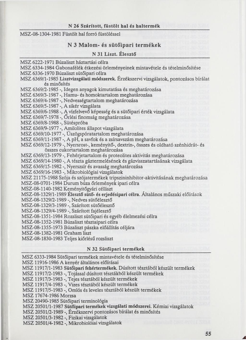 N 26 Szárított, füstölt hal és haltermék MSZ-08-1304-1981 Füstölt hal forró füstöléssel N 3 Malom- és sütőipari termékek N 31 Liszt.
