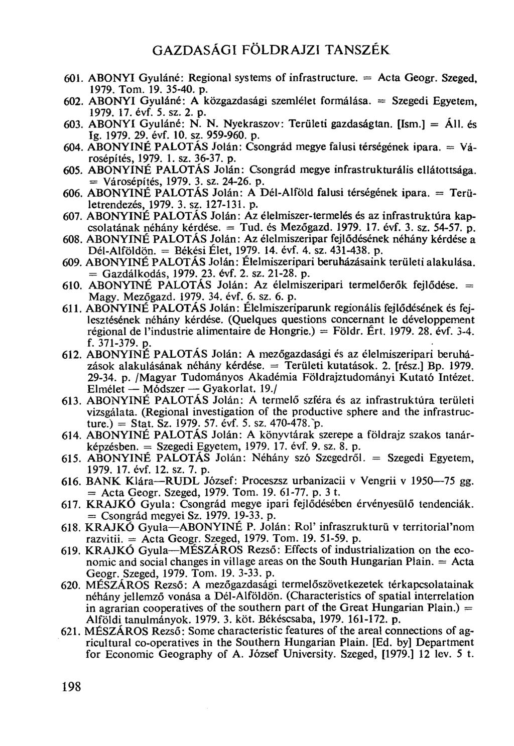 GAZDASÁGI FÖLDRAJZI TANSZÉK ABONYI Gyuláné: Regional systems of infrastructure. = Acta Geogr. Szeged, 1979. Tom. 19. 35-40. p. ABONYI Gyuláné: A közgazdasági szemlélet formálása.