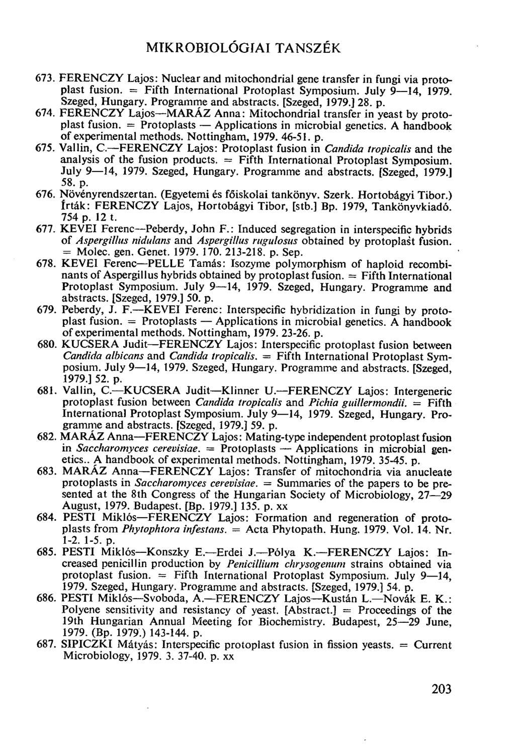 MIKROBIOLÓGIAI TANSZÉK FERENCZY Lajos: Nuclear and mitochondrial gene transfer in fungi via protoplast fusion. = Fifth International Protoplast Symposium. July 9-14, 1979. Szeged, Hungary.