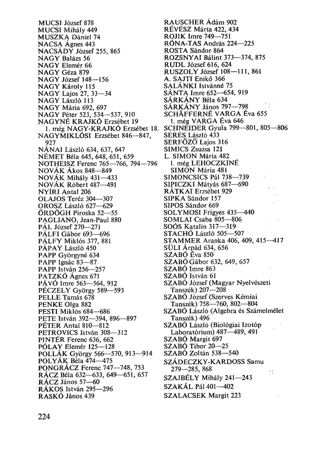MUCSI József 878 MUCSI Mihály 449 MUSZKA Dániel 74 NACSA Ágnes 443 NACSÁDY József 255, 865 NAGY Balázs 56 NAGY Elemér 66 NAGY Géza 879 NAGY József 148-156 NAGY Károly 115 NAGY Lajos 27, 33-34 NAGY